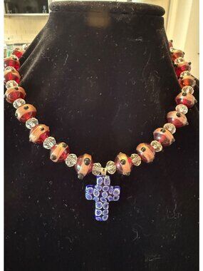 Artisan Handcrafted Italian Glass Beads Statement Necklace & Millefiori Cross